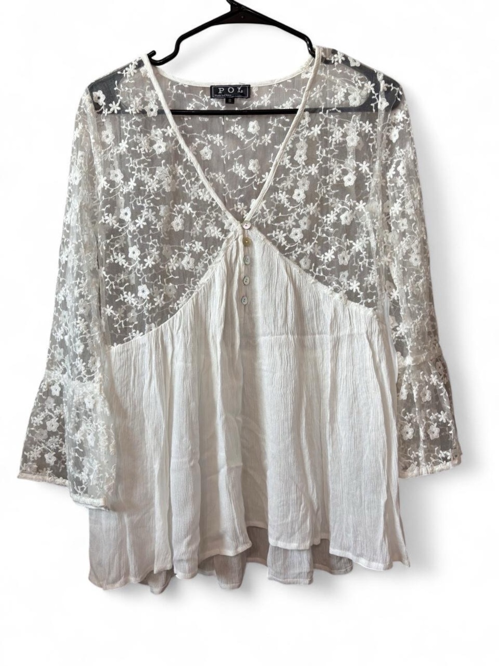 POL Ivory Lace-Panel Peasant Tunic